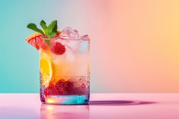 Vibrant cocktail garnished with exotic fruits exuding refreshing summer vibes isolated on a pastel gradient background