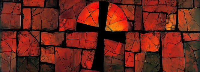 Sunset glow through a mosaic cross on a textured wall. The warm hues of a setting sun filter through a cross, casting vibrant colors on a broken mosaic backdrop