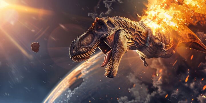 A dinosaur is running from an exploding planet.