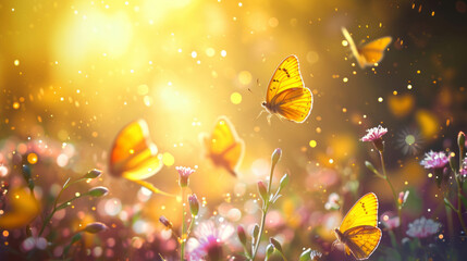 Yellow butterflies flying over flowers, captured in a bokeh panorama, bright and vibrant colors.