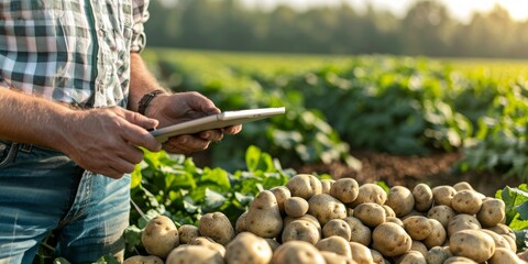 A farmer is using a tablet to check the quality of his potatoes.