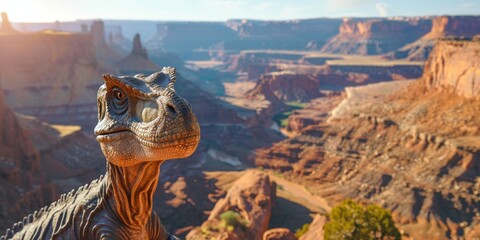 Naklejka premium A dinosaur looking out over a canyon.