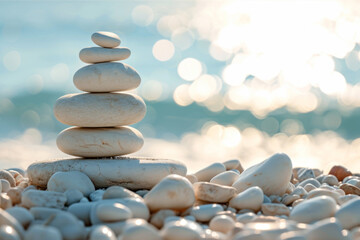Stacked pebbles on the beach near the ocean, zen-inspired aesthetics, monumental forms, and colors of light white and light azure.