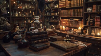 Obraz premium Warmly lit vintage apothecary interior filled with antique bottles, books, and candles, creating a charming and nostalgic atmosphere.