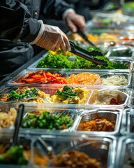 Worker preparing healthy meals in disposable containers