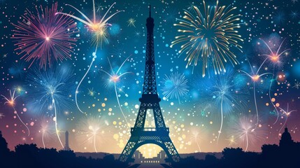 Eiffel Tower silhouette stands tall against a dazzling display of firework casting a festive glow on Bastille Days night sky