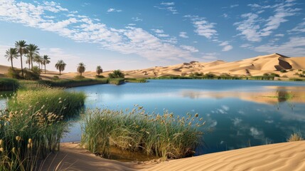 Fototapeta premium An idyllic oasis featuring a vibrant blue water body surrounded by lush palm trees and golden sand dunes under a clear blue sky.