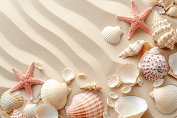Starfish and shells can be seen on sand, minimalist backgrounds and colors of light pink and beige.