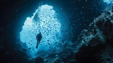 A scuba diver ventures into the deep blue of an underwater cave, enveloped by a cloud of countless small fish.