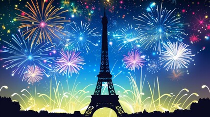 Eiffel Tower silhouette stands tall against a dazzling display of firework casting a festive glow on Bastille Days night sky