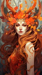 Autumn goddess with flaming hair and ornate headpiece - obrazy, fototapety, plakaty