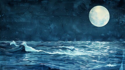 light blue purple bright moon on sea illustration poster background - obrazy, fototapety, plakaty