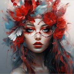 Artistic portrait of a woman with vibrant red floral crown - obrazy, fototapety, plakaty