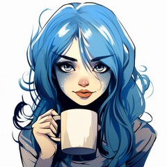 Thoughtful anime girl with blue hair holding a mug - obrazy, fototapety, plakaty