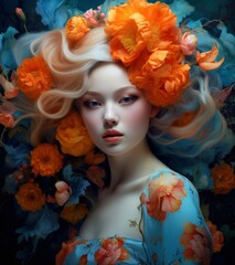 Vibrant floral portrait of a woman - obrazy, fototapety, plakaty