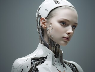 futuristic cyborg woman with mechanical face - obrazy, fototapety, plakaty