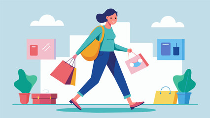 A shopaholic walking through a mall seeing all the sales and new products but sticking to their budget and only purchasing what they truly need.. Vector illustration