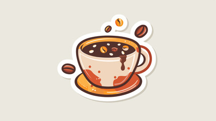 Sticker coffee cup with grains of coffee vector illustration