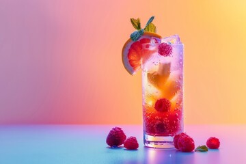 Vibrant cocktail garnished with exotic fruits exuding refreshing summer vibes isolated on a pastel gradient background