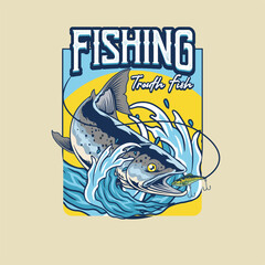 Vector Illustration of Steelhead Trout Fish with Fishing Bait and Waves with Vintage Illustration Available for Fishing Badge