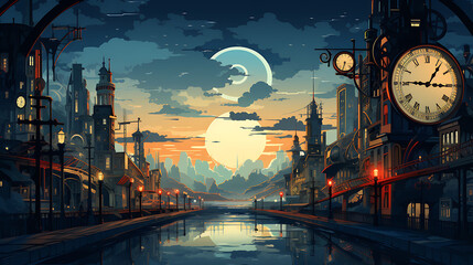 A vector image of a clockwork-inspired cityscape.