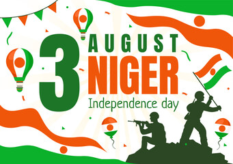 Fototapeta premium Happy Niger Independence Day Vector Illustration on 3 August with Waving Flag and Country Public Holiday in Flat Cartoon Background Design