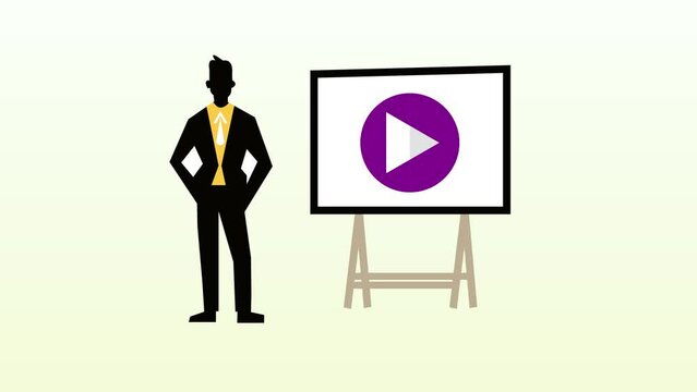 Businessman standing next to play button board animated on a white background.