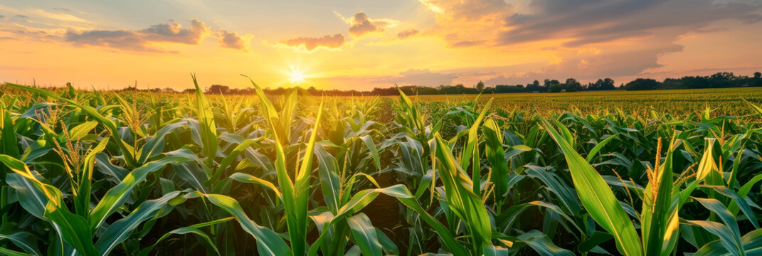 Corn field panorama view in sunlight for web banner template.