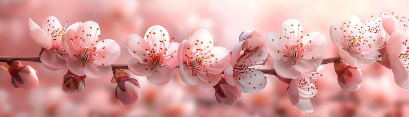 A branch of delicate pink cherry blossoms against a soft, out of focus background. The image captures the beauty andMeng ity of spring.