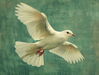 Fototapeta premium A beautiful white dove flies through the sky. Its wings are outstretched, and its tail feathers are spread wide. The dove is a symbol of peace and hope.