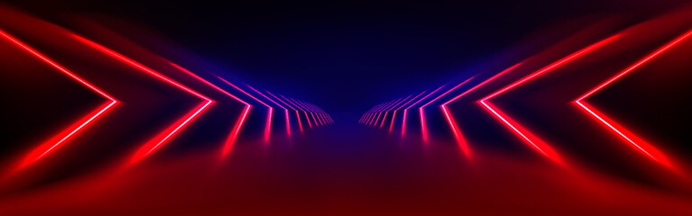 Red led light tunnel on black background. Vector realistic illustration of abstract neon arch illumination glowing on dark stage, laser beam corridor for nightclub decoration, futuristic cyber space
