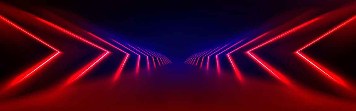 Red led light tunnel on black background. Vector realistic illustration of abstract neon arch illumination glowing on dark stage, laser beam corridor for nightclub decoration, futuristic cyber space