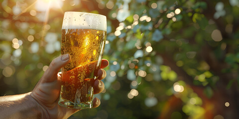 A person holding a glass of beer in front of a tree