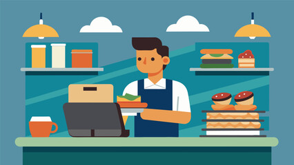 As the lunch hour approaches the owner takes a break from organizing records to serve up sandwiches and coffee for hungry customers. Vector illustration
