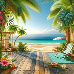3D Tropical Beach Scene with Beach Chair on Wooden Terrace