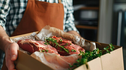 Delivery person with box of herb-garnished steaks