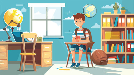 Student boy sitting in geography classroom Vector illustration