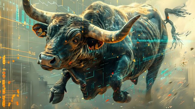 Muscular Bull Artwork with a Metallic Texture and Electric Glow