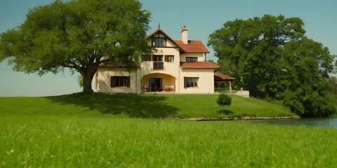 Obraz premium beautiful cottage with red roof and a large green field, dreamy house