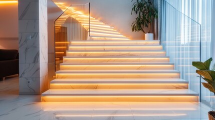 Obraz premium Illuminated staircase with wooden steps and illuminated at night in the interior of a large house