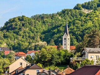 Beautiful hillside cityscape, St Nicholas Parish Church in Krapina, Croatia, Hrvatsko zagorje,...