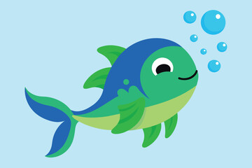 Watercolor Cute Aquatic Animals, Fish, Clown fish. Cartoon, green fish with blue fins and gills, smiling with air bubbles rising from its mouth, side view