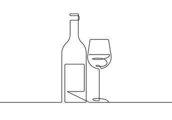 Continuous Line Drawing of Wine Bottle and Wineglass Black Sketch on White Background. Drink Logo One Line Drawing. Minimal Hand Draw Illustration for Cafe, Party, Holiday, Invitation. Vector EPS 10