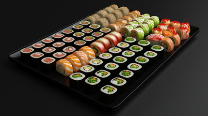 collection of delicious sushi rolls arranged on a black plate