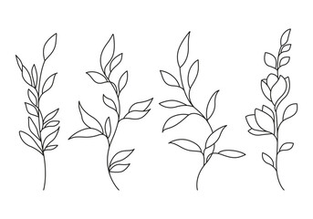 Flowers with Leaves Line Art Vector Illustrations Set for Prints, Social Media, Icons. Floral Trendy Templates Minimal Style. Set of Leaves Branches Linear Style. Hand Drawn Doodle Template Collection