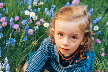 Little blond long-haired boy sitting in a meadow among daisies and other wildflowers and looking at camera