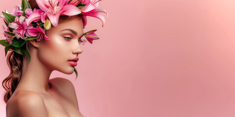 A woman with a flower headdress is the main focus of the image