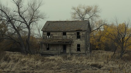 Charming weathered rustic vintage farmhouse with gable and porch in picturesque rural setting