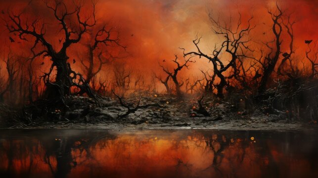 Abstract beautiful gothic black forest under a red sky with reflection in the water.