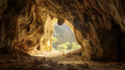 Sunbeams illuminate a vast cavern as rays pierce the entrance, revealing rock formations and a sandy floor